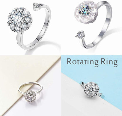 Silberner drehbarer Ring mit Kristallen, elegantes Schmuckdesign, funkelnder Damenring.