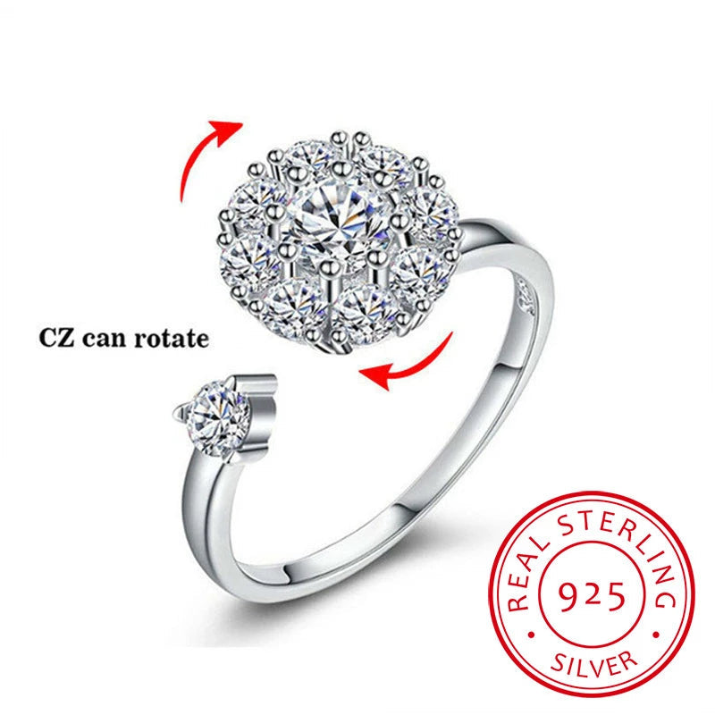 Silberring mit drehbarem Zirkonia, 925 Sterling Silber, funkelndes Design, Damenring.