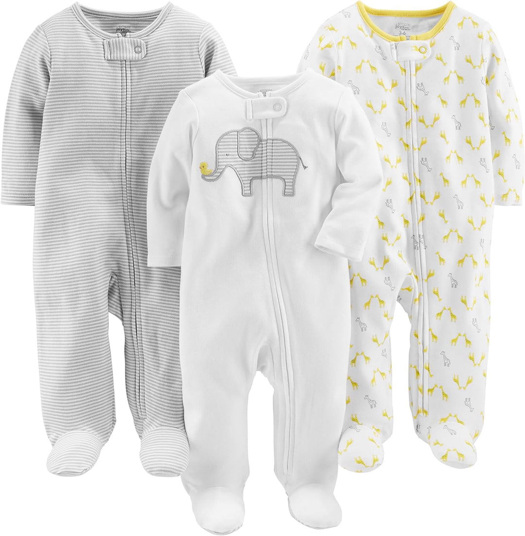 Drei Baby-Strampler, Elefanten- und Giraffenmuster, grau und weiß, Baumwolle, Reißverschluss.