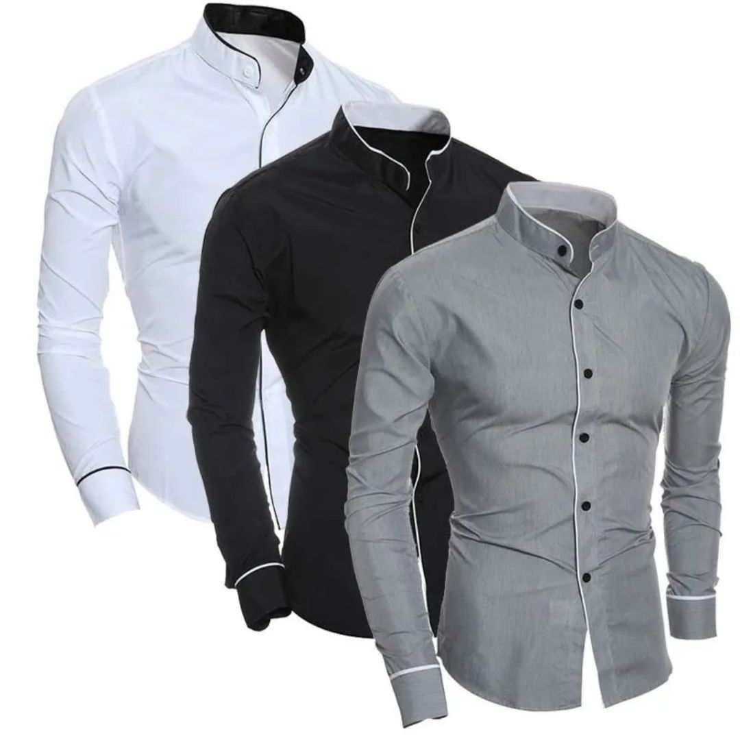 Drei Herrenhemden, Stehkragen, Slim Fit, weiß, schwarz, grau, elegant, langärmelig.