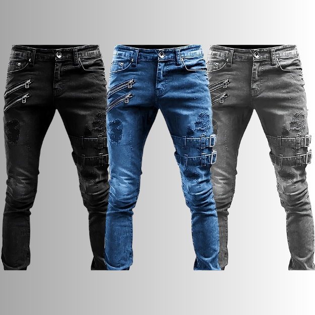 Drei Herrenjeans, schwarz und blau, mit Rissen und Schnallen, modisch und robust.