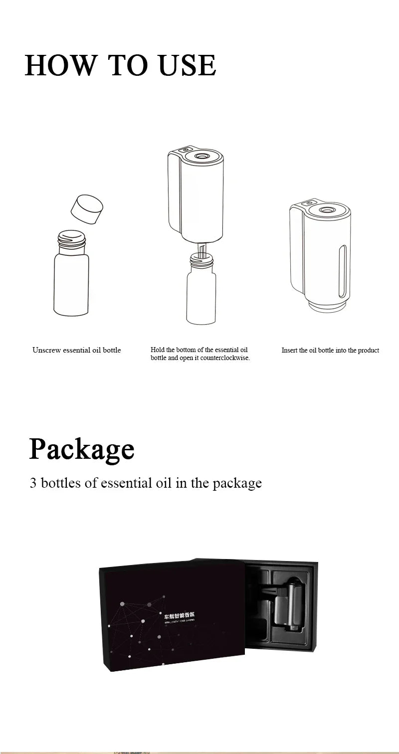 Schwarze Verpackung mit drei Flaschen ätherisches Öl, Anleitung zur Verwendung, stilvolles Design.