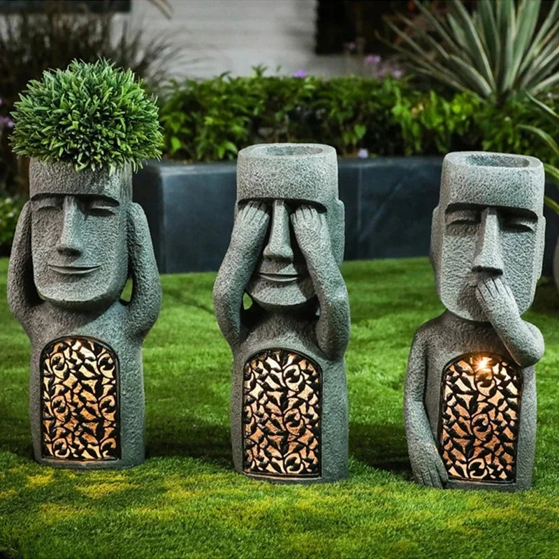 Drei graue Moai-Blumentöpfe mit LED-Licht, Garten-Dekoration, "Nichts sehen, hören, sagen".
