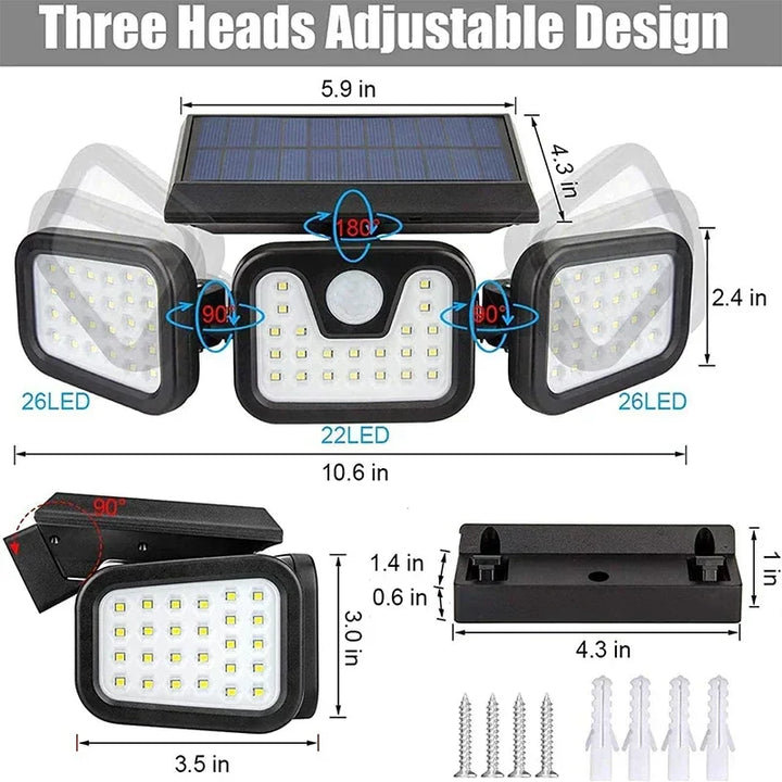 Solarleuchte mit drei verstellbaren LED-Köpfen, schwarz, wetterfest, energiesparend.