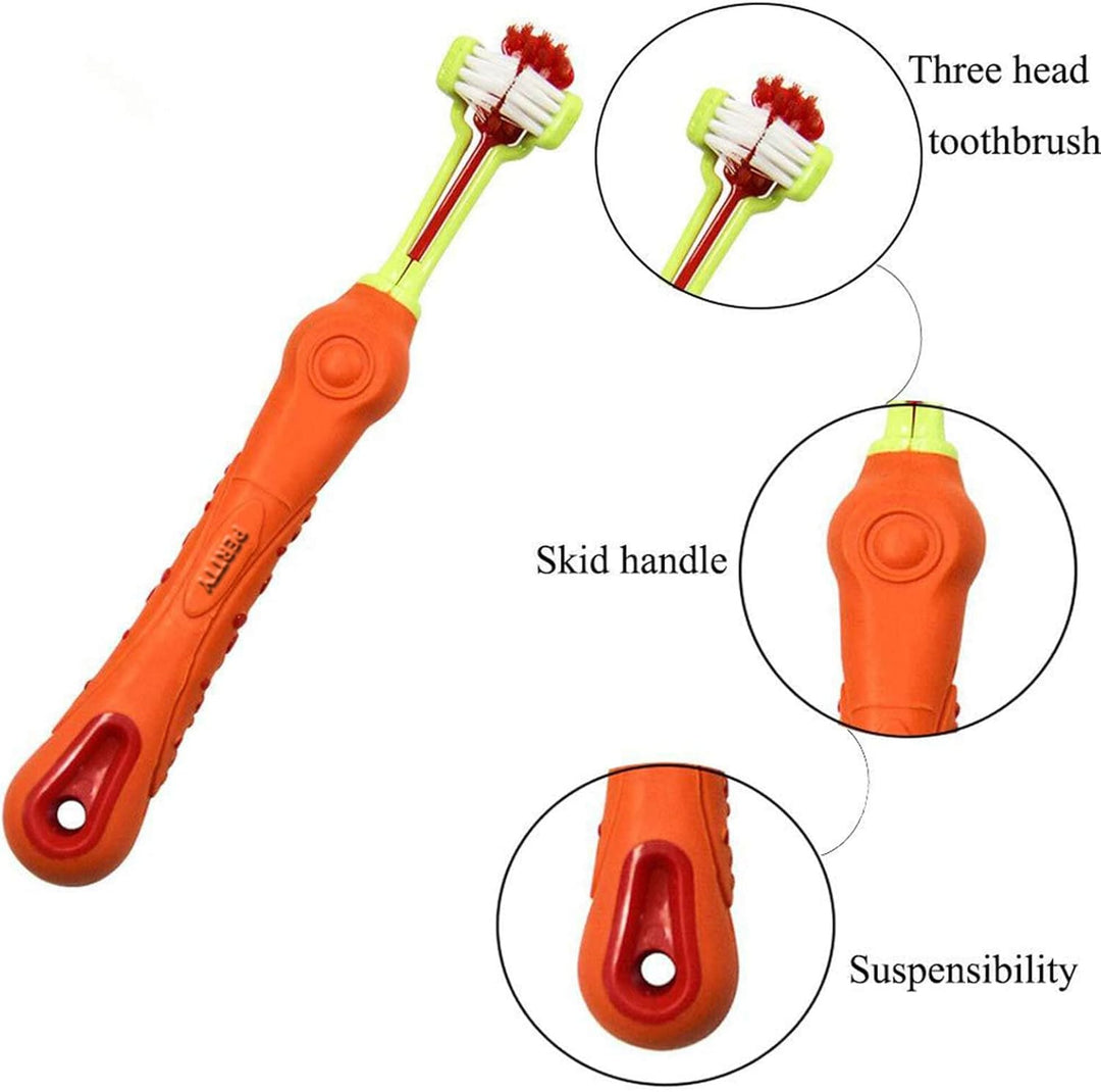 Dreikopf-Zahnbürste, orange, rutschfester Griff, Aufhängeloch, effiziente Zahnreinigung.