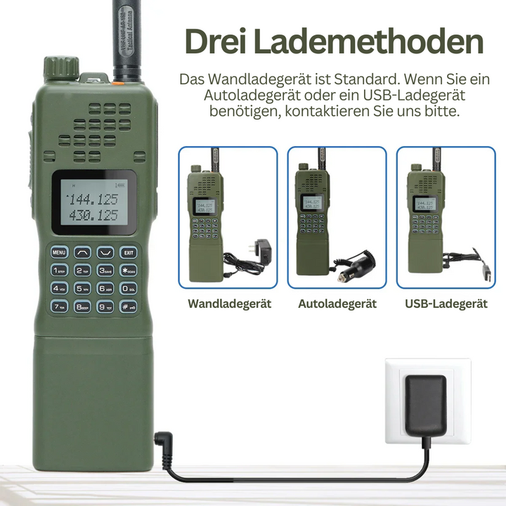 Grünes Funkgerät mit Display und Tasten, drei Lademethoden, Wand-, Auto- und USB-Ladegerät.