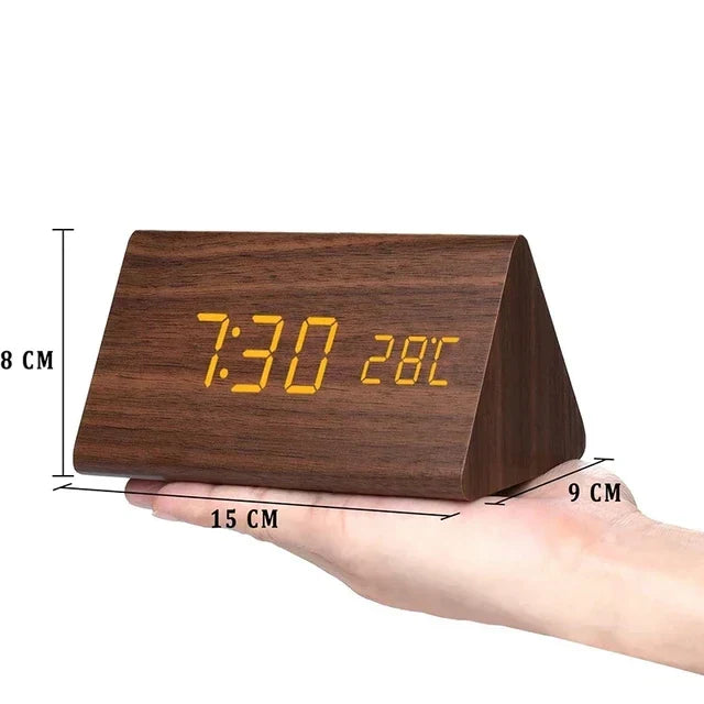 Holz-Wecker mit LED-Anzeige, Temperaturanzeige, ideal für Nachttisch, modernes Design.