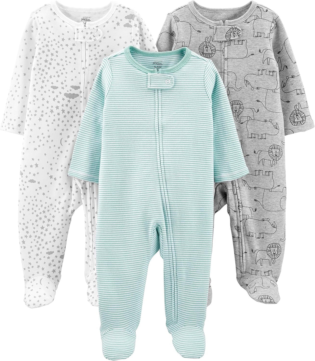 Drei Baby-Strampler, Baumwolle, grau, weiß, mintgrün, Tiermuster, Sterne, gestreift.