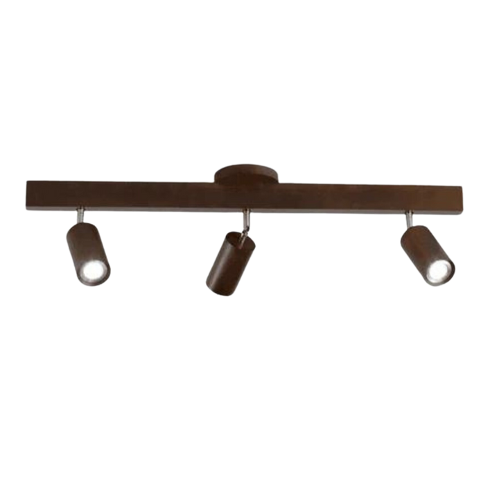 Braune Deckenleuchte mit drei verstellbaren LED-Spots, modernes Design, Innenbeleuchtung.
