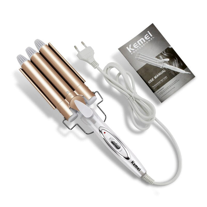 Dreifach-Lockenstab, Keramik, gold-weiß, Haarstyling-Tool, elektrische Lockenwickler.