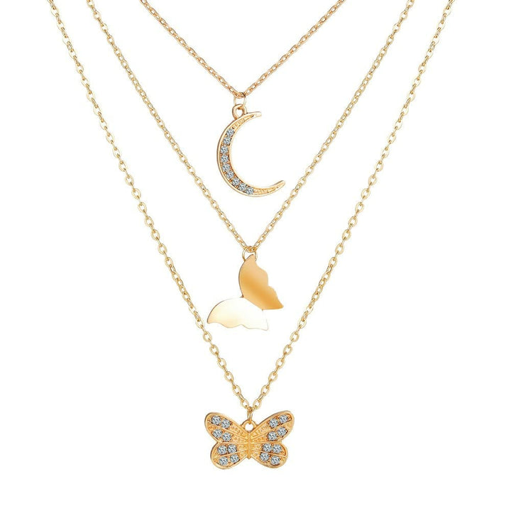 Goldene Halskette mit Schmetterling und Mondanhänger, Damen Schmuck, modisch, elegant.