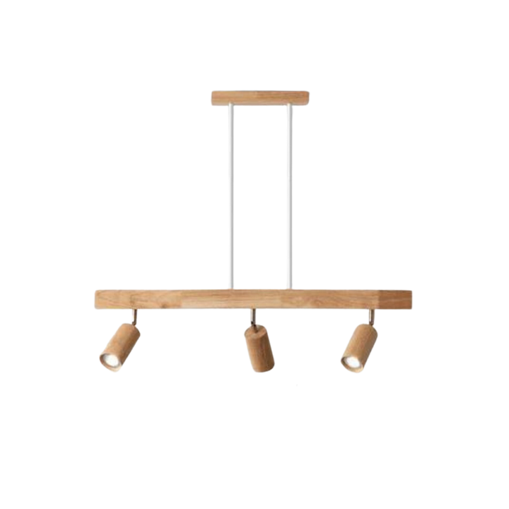 Moderne Holz-Pendelleuchte mit drei verstellbaren Strahlern, skandinavisches Design.