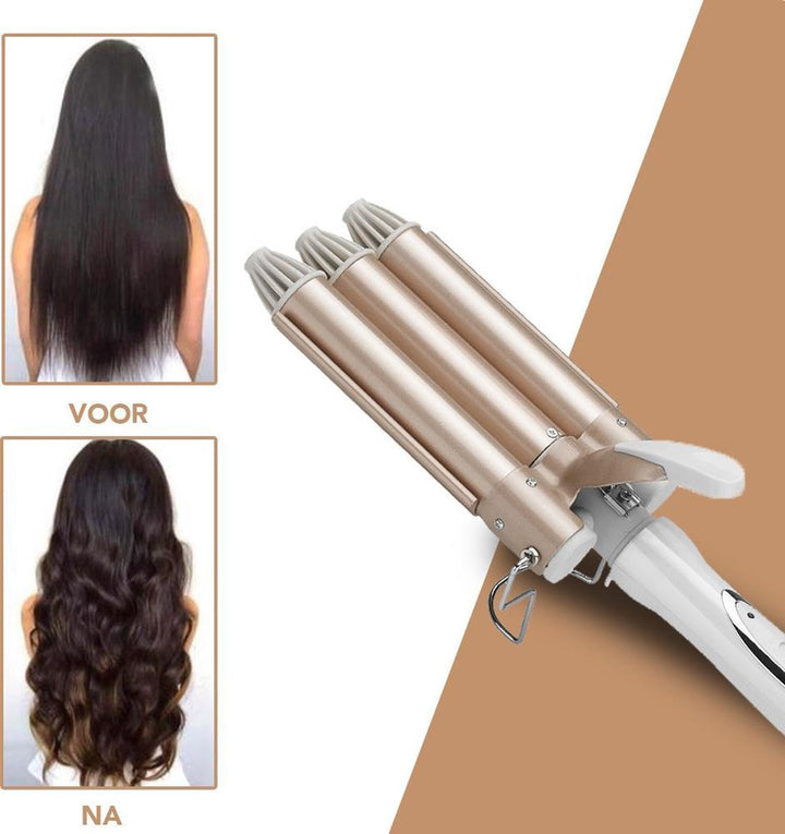 Dreifach-Lockenstab, gold, für Wellenfrisuren, Haarstyling-Tool, elektrisch, Frisuren vorher-nachher.