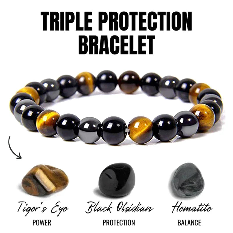 Armband mit Tigerauge, schwarzem Obsidian und Hämatit, Triple Protection, Energie, Balance.