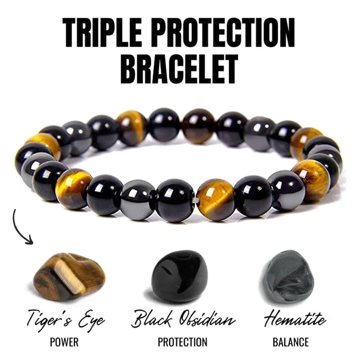 Armband mit Tigerauge, schwarzem Obsidian und Hämatit, Triple Protection, Energie, Balance.