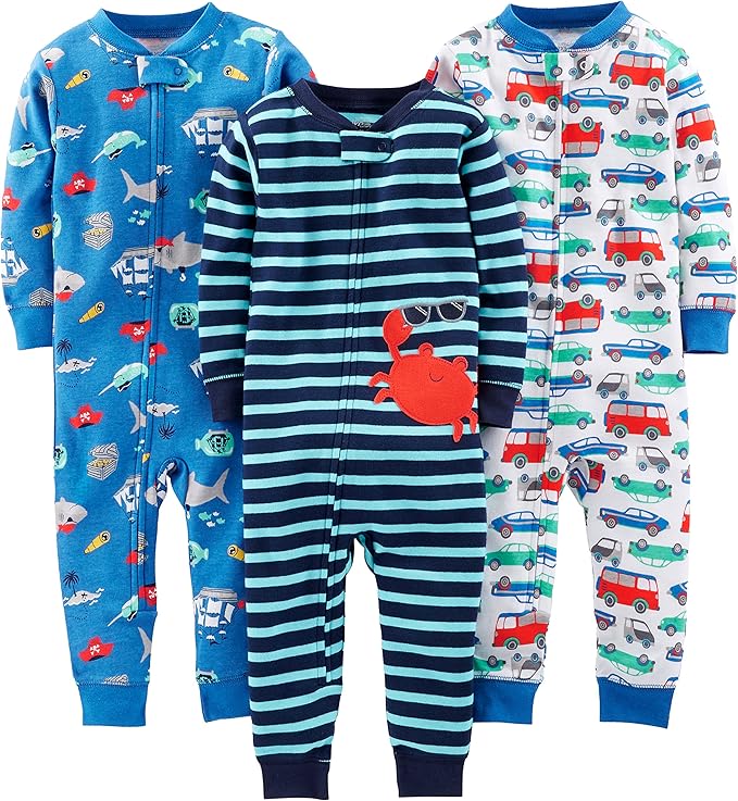 Dreierpack Baby-Schlafanzüge, blau, mit Tier- und Fahrzeugmotiven, Baumwolle, langärmelig.