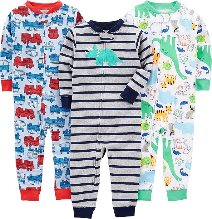 Drei Baby-Strampler mit Dinosaurier- und Fahrzeugmotiven, Baumwolle, bunt, langärmelig.