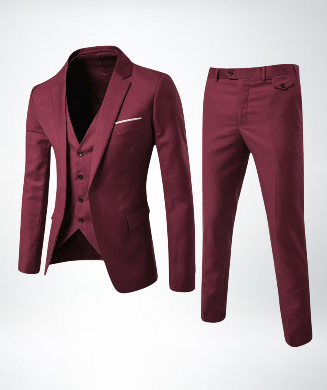 Bordeauxfarbener Herrenanzug mit Weste, elegantes Design, ideal für formelle Anlässe.