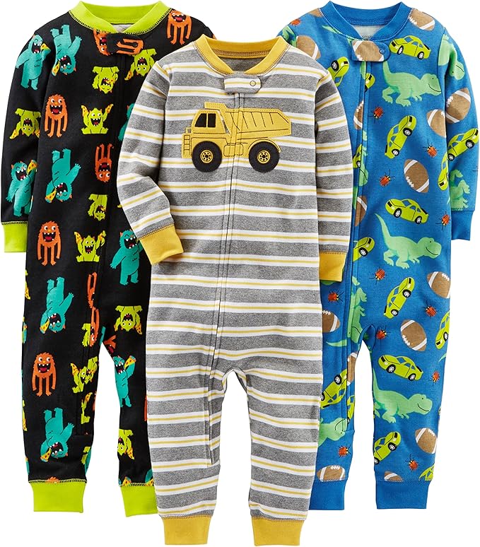 Dreierpack Baby-Strampler, bunt, mit Tier- und Fahrzeugmotiven, Baumwolle, Reißverschluss.