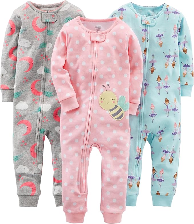 Drei Baby-Strampler, Baumwolle, rosa, grau, blau, mit Tiermotiven, langärmelig, Reißverschluss.