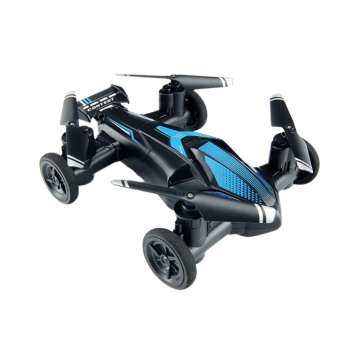 Schwarzer und blauer Quadrocopter mit Rädern, ferngesteuertes Spielzeug, Drohne für Kinder.