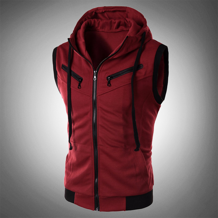 Rote ärmellose Kapuzenjacke mit Reißverschluss, sportlich, Herrenmode, Baumwolle.