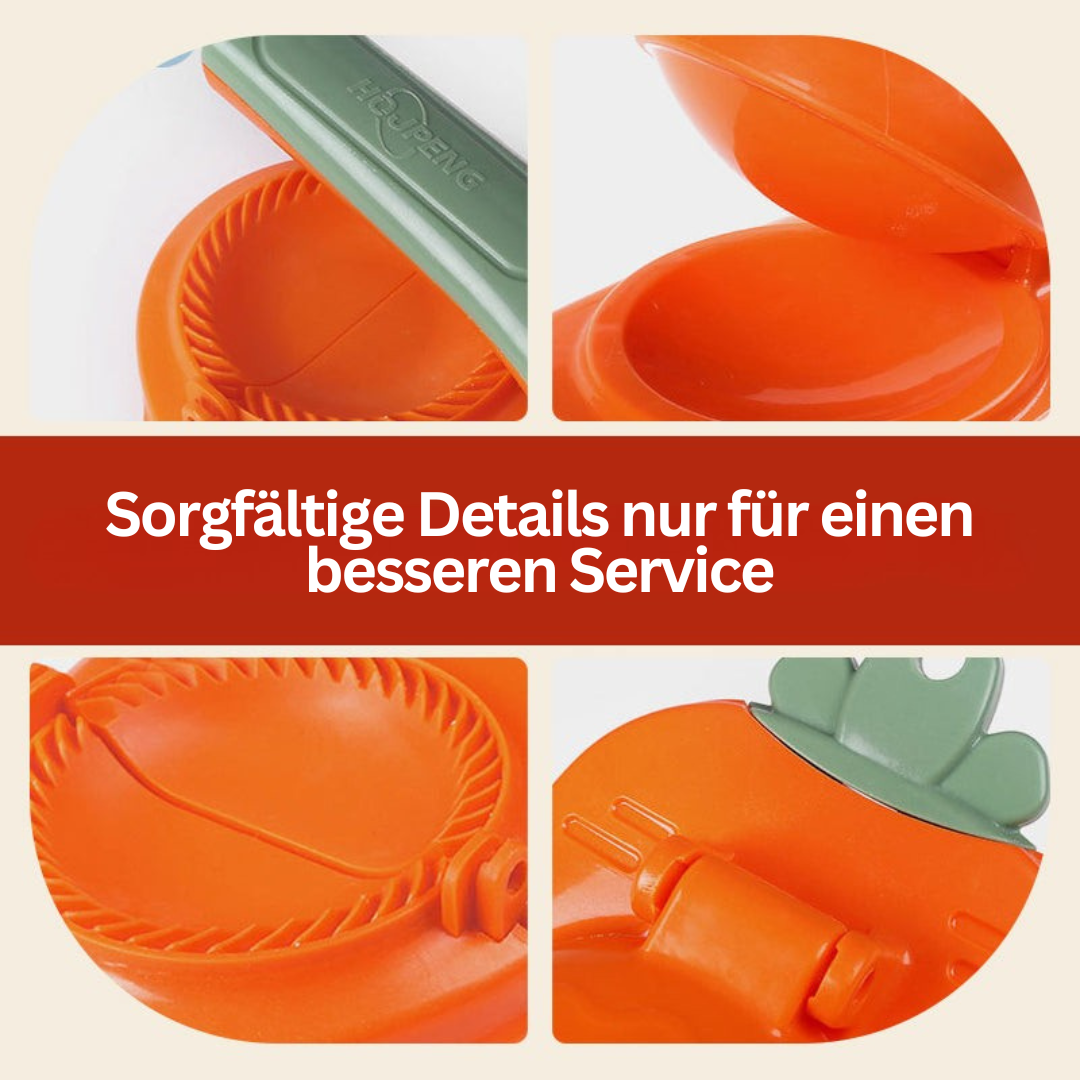 Orange Teigtaschenformer aus Kunststoff mit grünen Details, ideal für perfekte Dumplings.