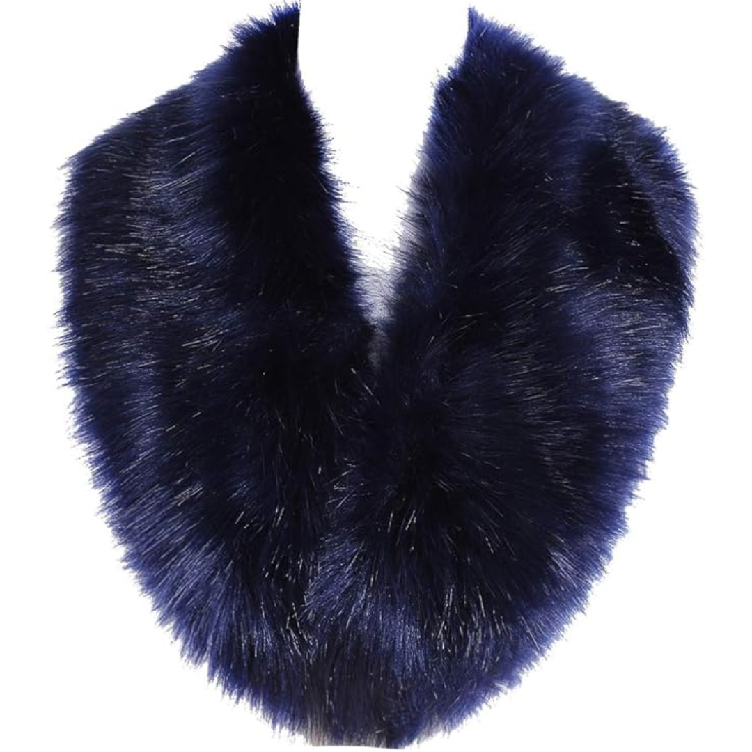 Dunkelblauer Kunstpelzkragen, flauschig, elegant, modisches Accessoire für Wintermode.