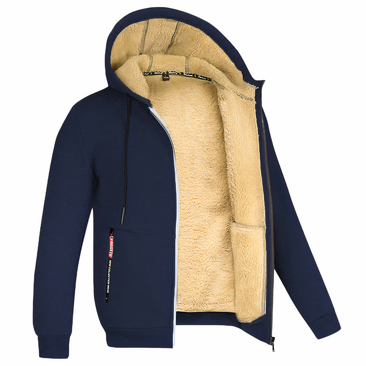 Dunkelblaue Herren-Fleecejacke mit Kapuze, Reißverschluss und beigem Innenfutter.