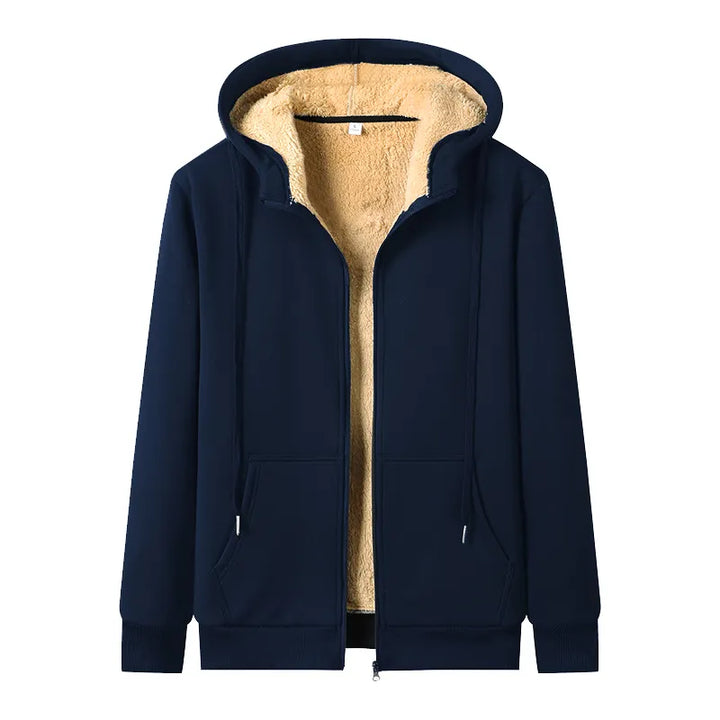 Dunkelblauer Kapuzenpullover mit beigem Fleecefutter, Reißverschluss, Herrenmode.