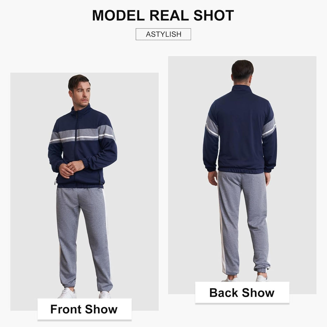 Dunkelblauer Herren-Trainingsanzug mit grauen Streifen, Vorder- und Rückansicht, Astylish.