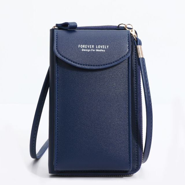 Dunkelblaue Lederhandytasche mit Reißverschluss und Trageriemen, elegant und praktisch.