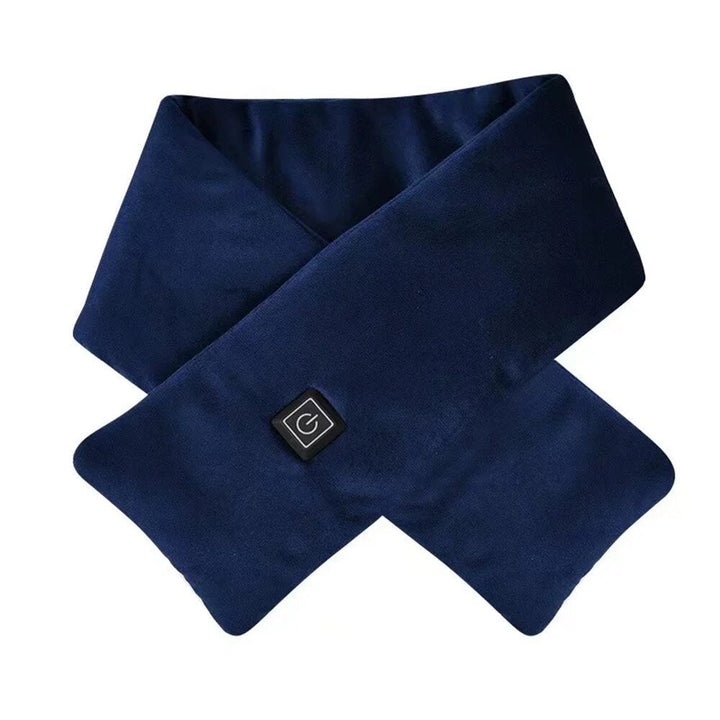Dunkelblauer beheizter Schal aus Fleece, ideal für kalte Wintertage, mit USB-Anschluss.