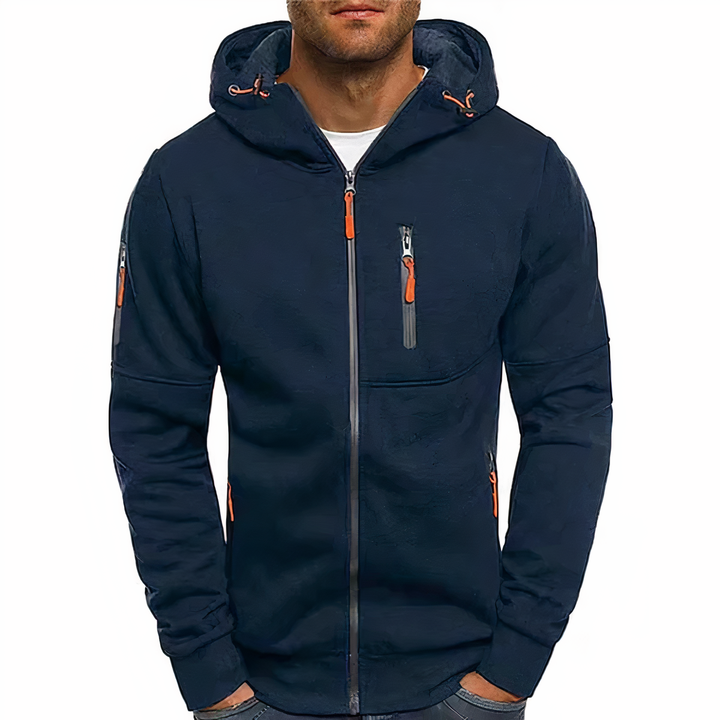 Dunkelblaue Herrenjacke mit Kapuze, Reißverschlüssen, sportlich, Freizeitmode.