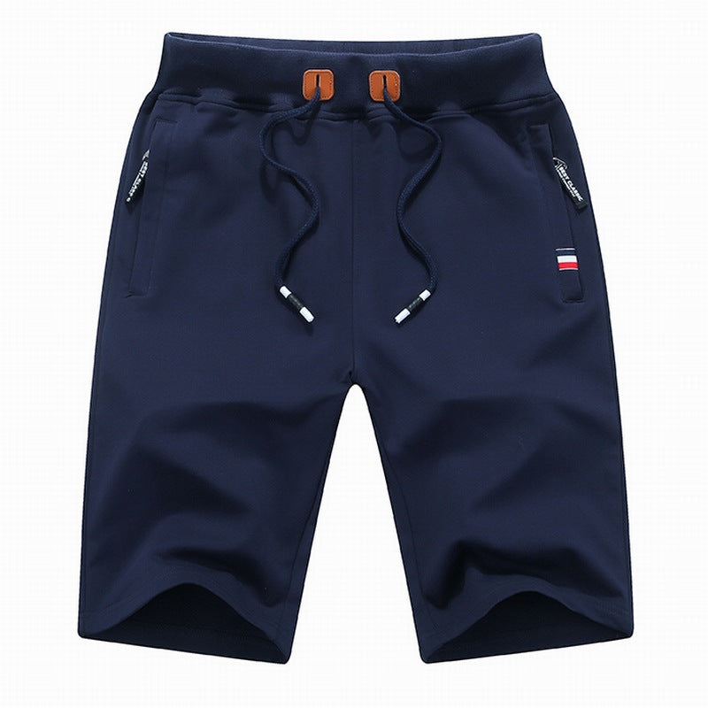 Dunkelblaue Herren-Shorts mit Kordelzug, Reißverschlusstaschen, sportlich, bequem.