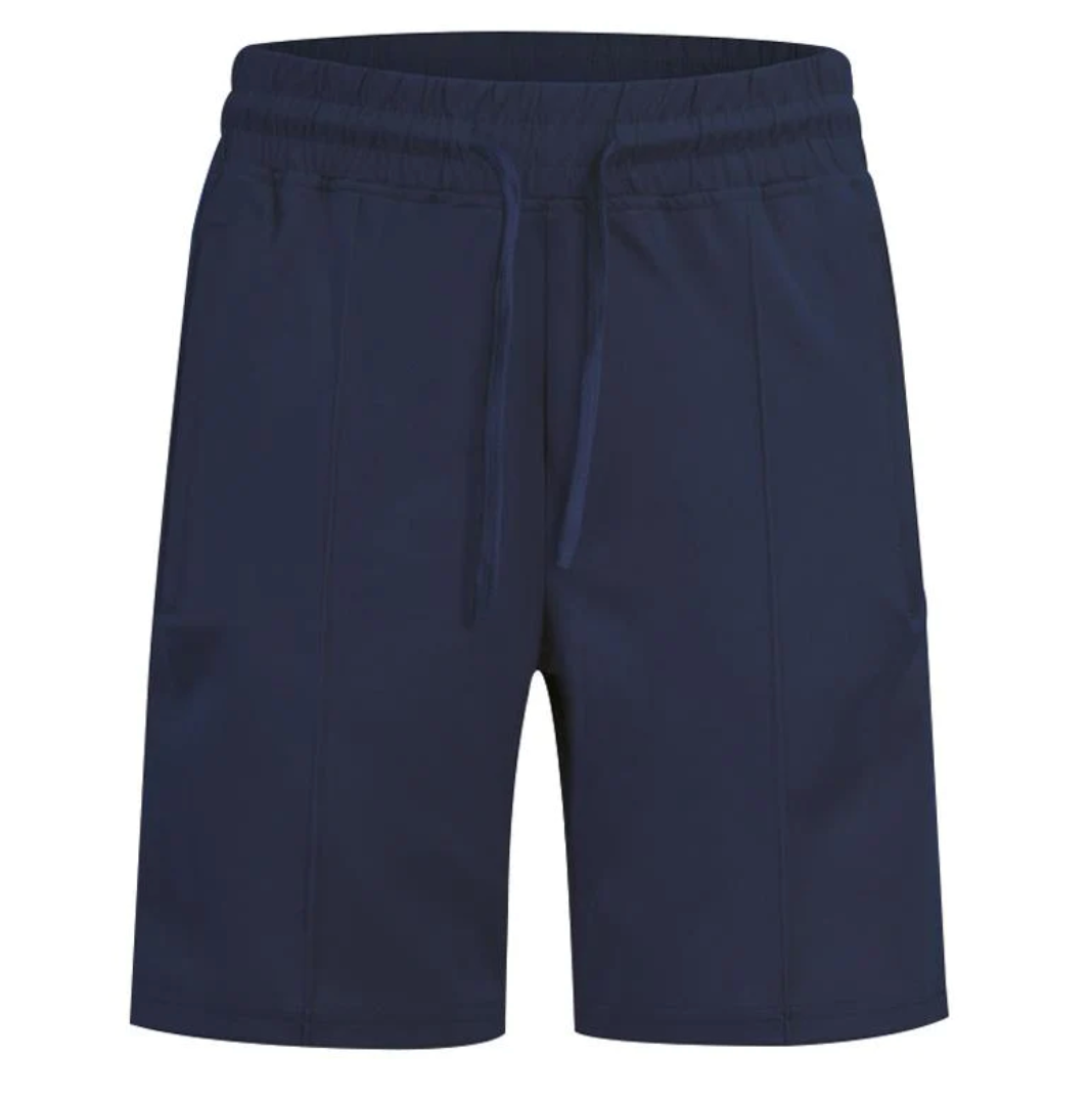 Dunkelblaue Herrenshorts, elastischer Bund, Kordelzug, Freizeitmode, Sommerbekleidung.