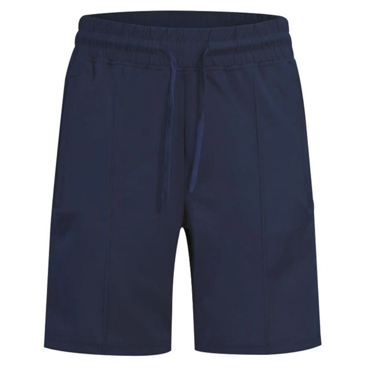 Dunkelblaue Herrenshorts, elastischer Bund, Kordelzug, Freizeitmode, Sommerbekleidung.