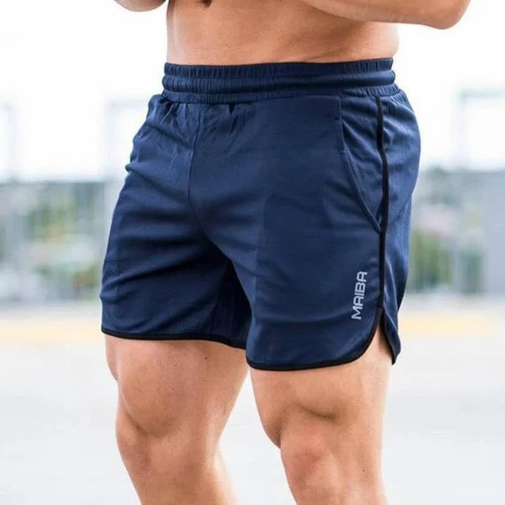 Dunkelblaue Herren-Trainingsshorts, atmungsaktiv, elastisch, ideal für Fitness und Sport.