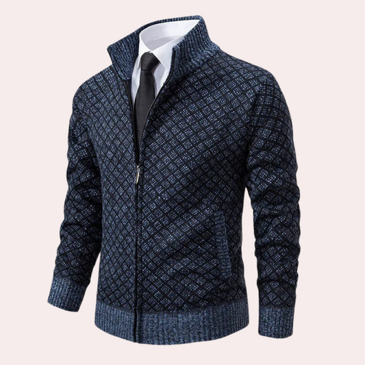 Dunkelblauer Herren-Strickjacke mit Reißverschluss, elegantes Muster, ideal für Business-Looks.