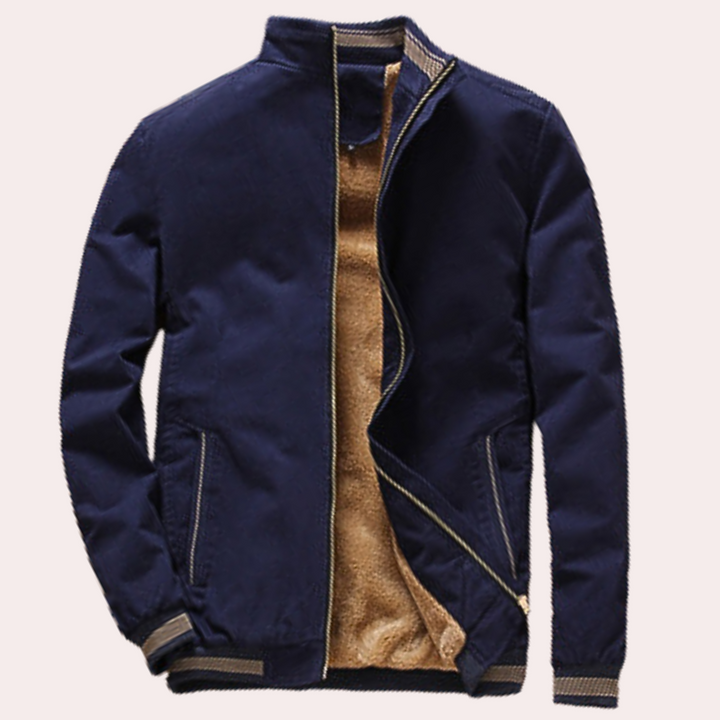 Dunkelblaue Herrenjacke mit Reißverschluss, gefüttert, modisch, warm, Winterbekleidung.