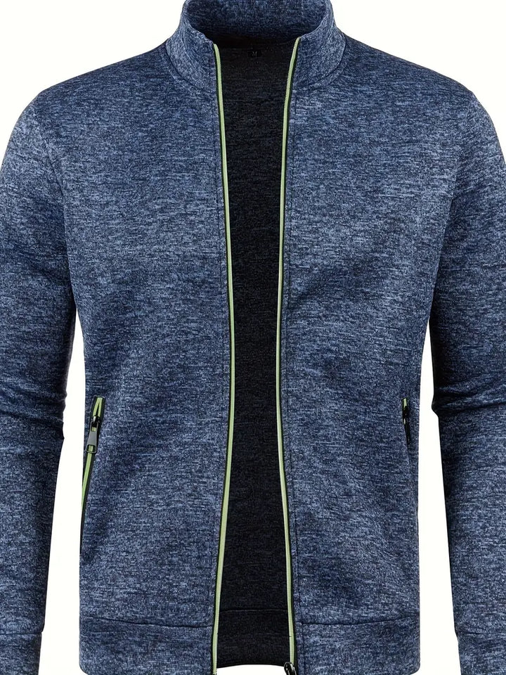 Dunkelblaue Herrenjacke mit Reißverschluss, Stehkragen, sportlich, bequem, Freizeitmode.