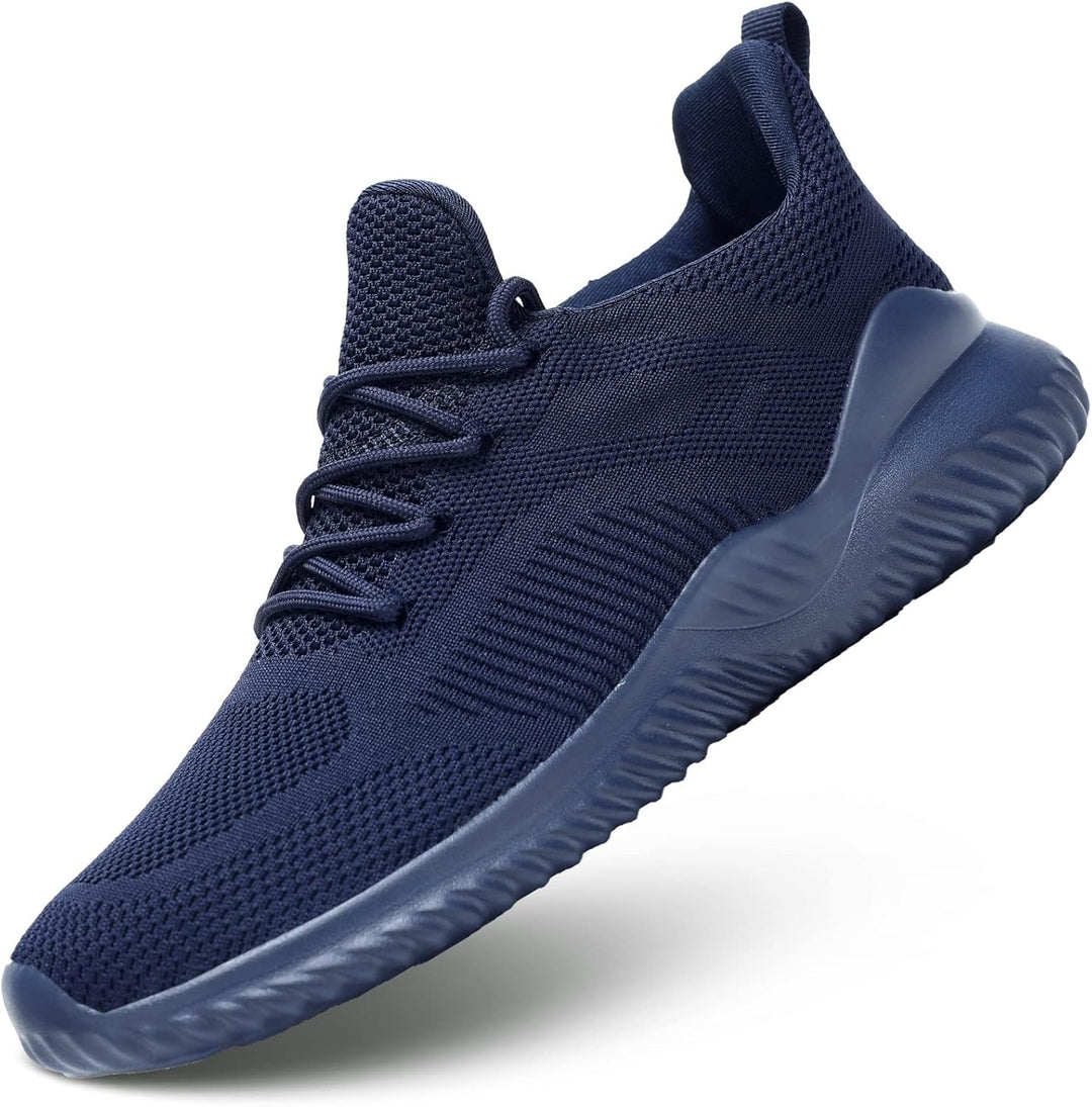 Dunkelblauer Sportschuh aus Mesh, rutschfeste Sohle, ideal für Herren, atmungsaktiv.