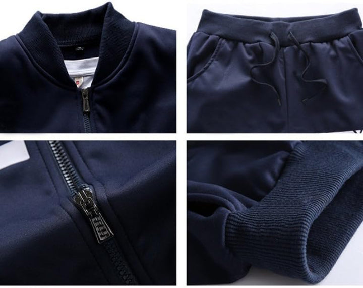 Dunkelblauer Jogginganzug, Reißverschluss, Kordelzug, Baumwolle, Herrenmode, Sportbekleidung.