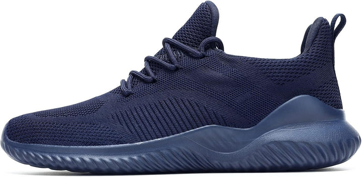 Dunkelblauer Sportschuh aus Mesh, atmungsaktiv, rutschfeste Sohle, ideal für Laufen und Fitness.