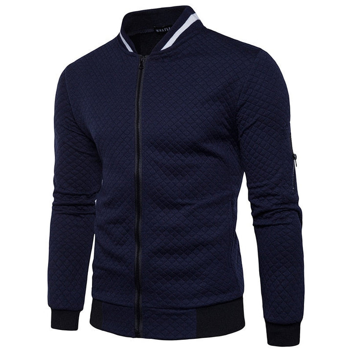 Dunkelblaue Herren-Bomberjacke, gesteppter Stoff, Reißverschluss, modisch, lässig.