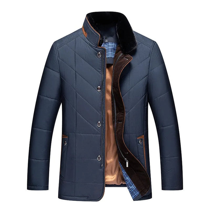 Dunkelblaue Herrenjacke, Stehkragen, gesteppt, Wintermode, warm, elegant, Reißverschluss.