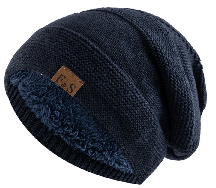 Dunkelblaue Strickmütze mit Fleece-Futter, Unisex, Wintermode, warm und stylisch.