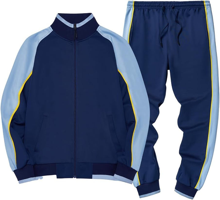 Blauer Trainingsanzug für Herren, zweifarbig, mit gelben Akzenten, Sportbekleidung.