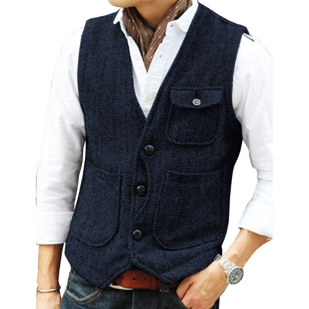 Herren Weste Blau, Tweed, Knöpfe, Taschen, Freizeitmode, Eleganter Look, Herrenbekleidung