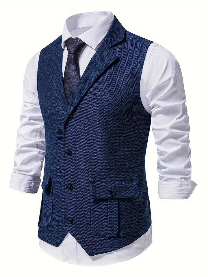 Elegante blaue Herrenweste mit Fischgrätenmuster, Anzugweste, formelle Kleidung.